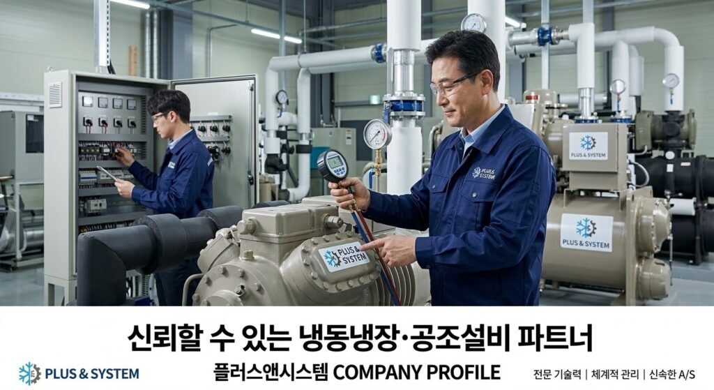 플러스앤시스템 전문 엔지니어의 냉동기 정밀 진단 모습
