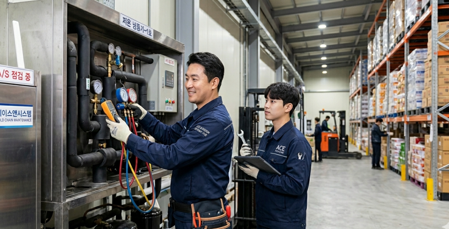 에이스앤시스템 전문 엔지니어가 거대한 산업용 냉동 압축기 랙 앞에서 열화상 카메라와 디지털 매니폴드 게이지를 사용하여 서리가 낀 냉동 배관을 정밀 진단하는 고화질 사진. 에이스앤시스템 로고가 명확히 보임.
