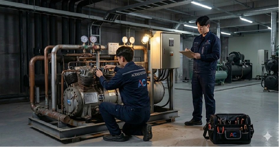 현대적이고 깨끗한 대형 저온 냉동고 내부 전경. 거대한 냉동 사이클 시스템이 완벽하게 설치되어 작동 중이며, 단열된 배관과 장비들에 서리가 약간 껴 있음. 에이스앤시스템 로고가 새겨진 메인 제어반에는 이력 관리 QR 스티커가 붙어 있음. 신뢰와 견고함을 주는 고화질 산업 사진.
