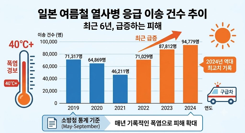 열사병 이송 인원 최고치 기록이라는 수치를 시각적으로 강조, 문제의 심각성 전달