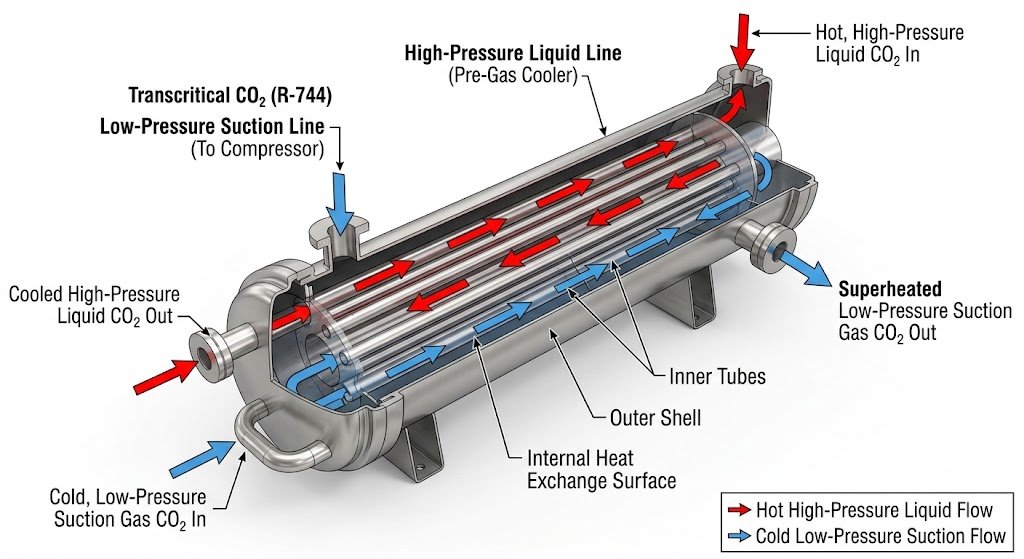 CO₂ 내부 열교환기 구조와 냉매 흐름